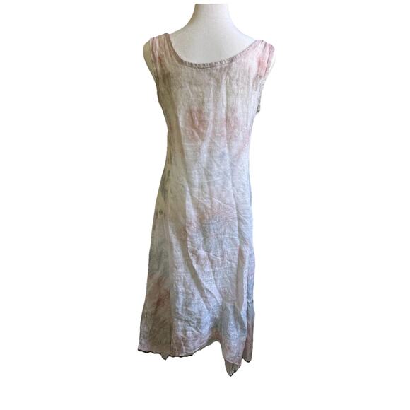 Made in Italy Linen Silk Blend Midi Dress Lagenlook Tie Dye S Asymmetrical Hem - Picture 8 of 16